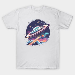 A spaceship traveling through a vast T-Shirt